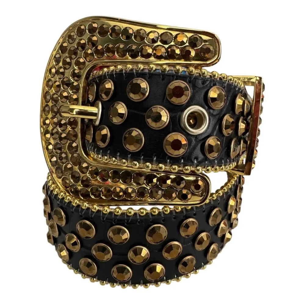 Studded Western Rhinestone Belt‎ Black Strap Gold Rhinestones Unisex XL 37